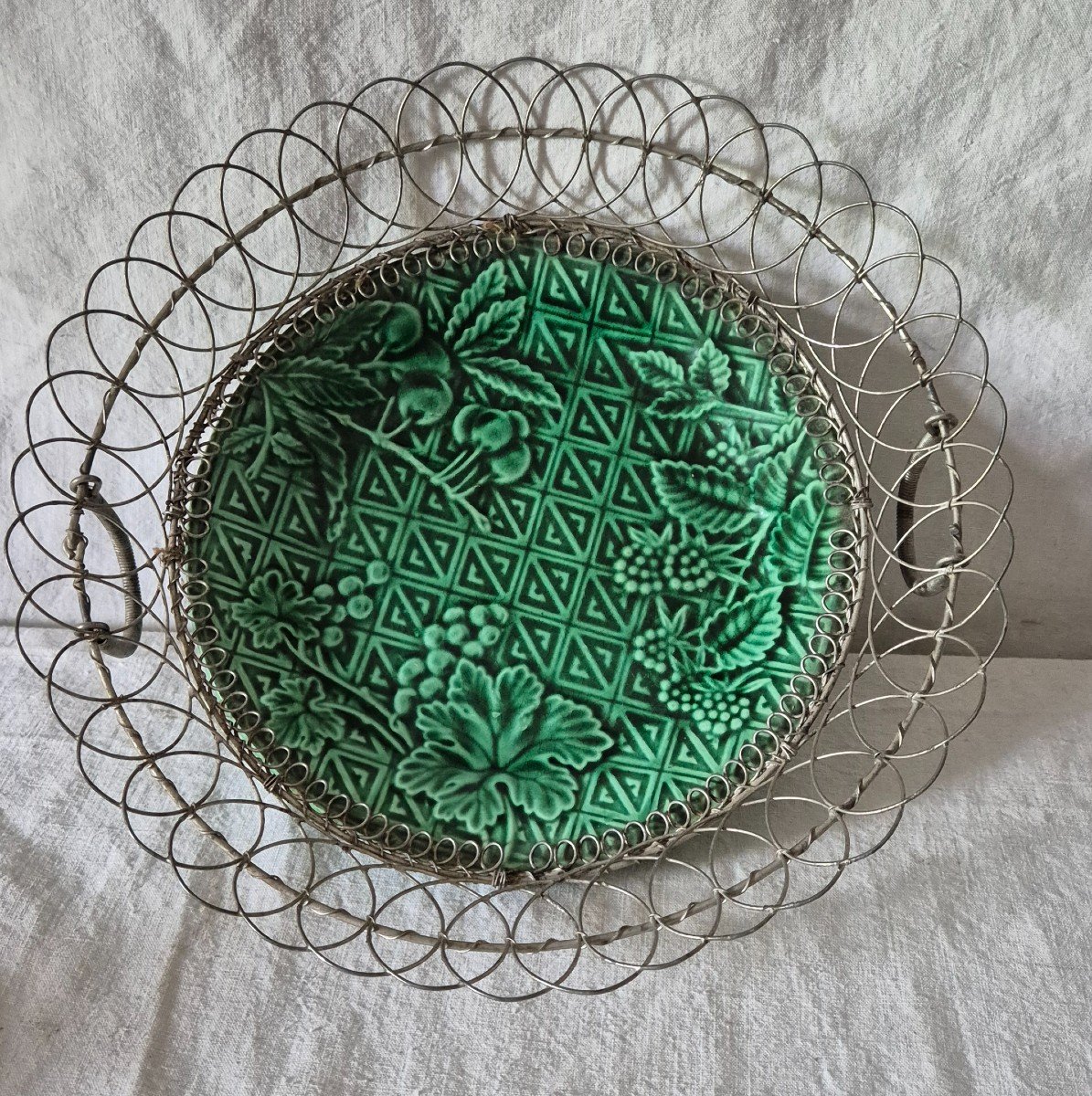 Grape Plate In Green Salins Barbotine And Twisted Iron Wire 