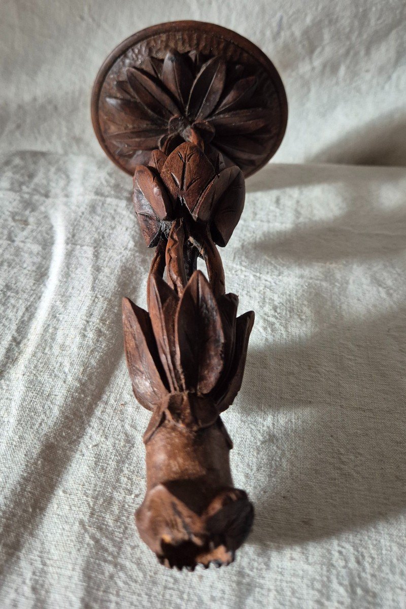 19th Century Black Forest Plant-style Carved Wood Candle Holder -photo-3