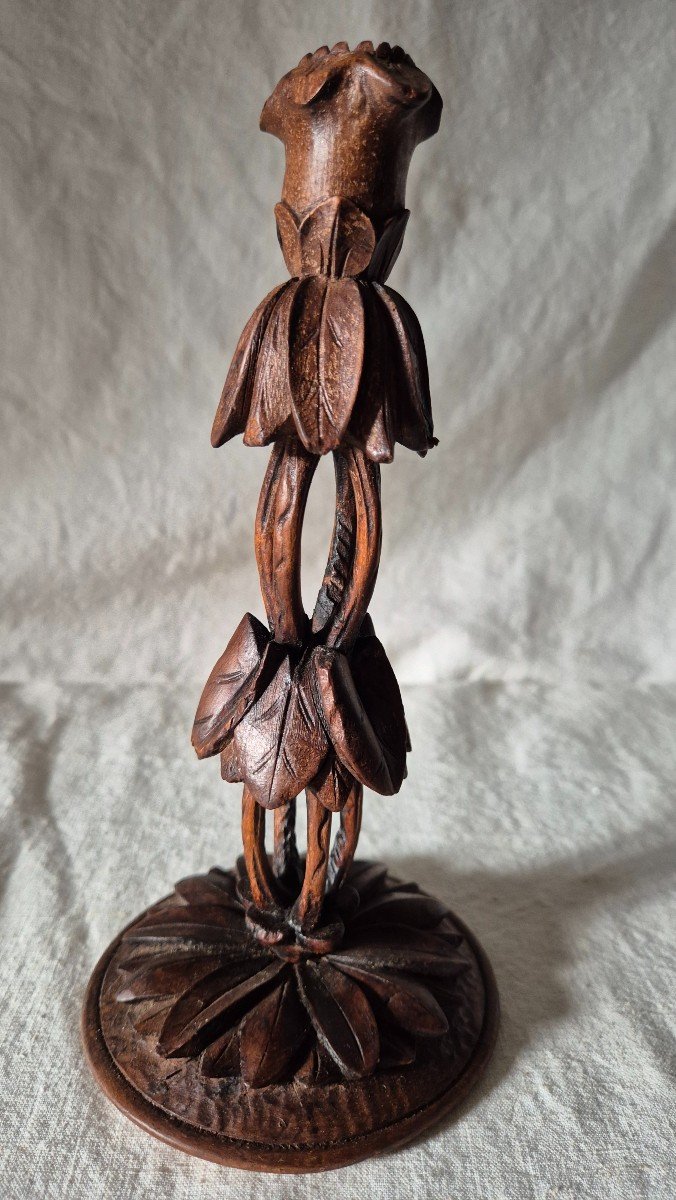 19th Century Black Forest Plant-style Carved Wood Candle Holder -photo-4