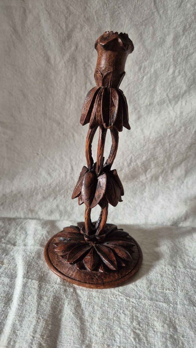 19th Century Black Forest Plant-style Carved Wood Candle Holder 