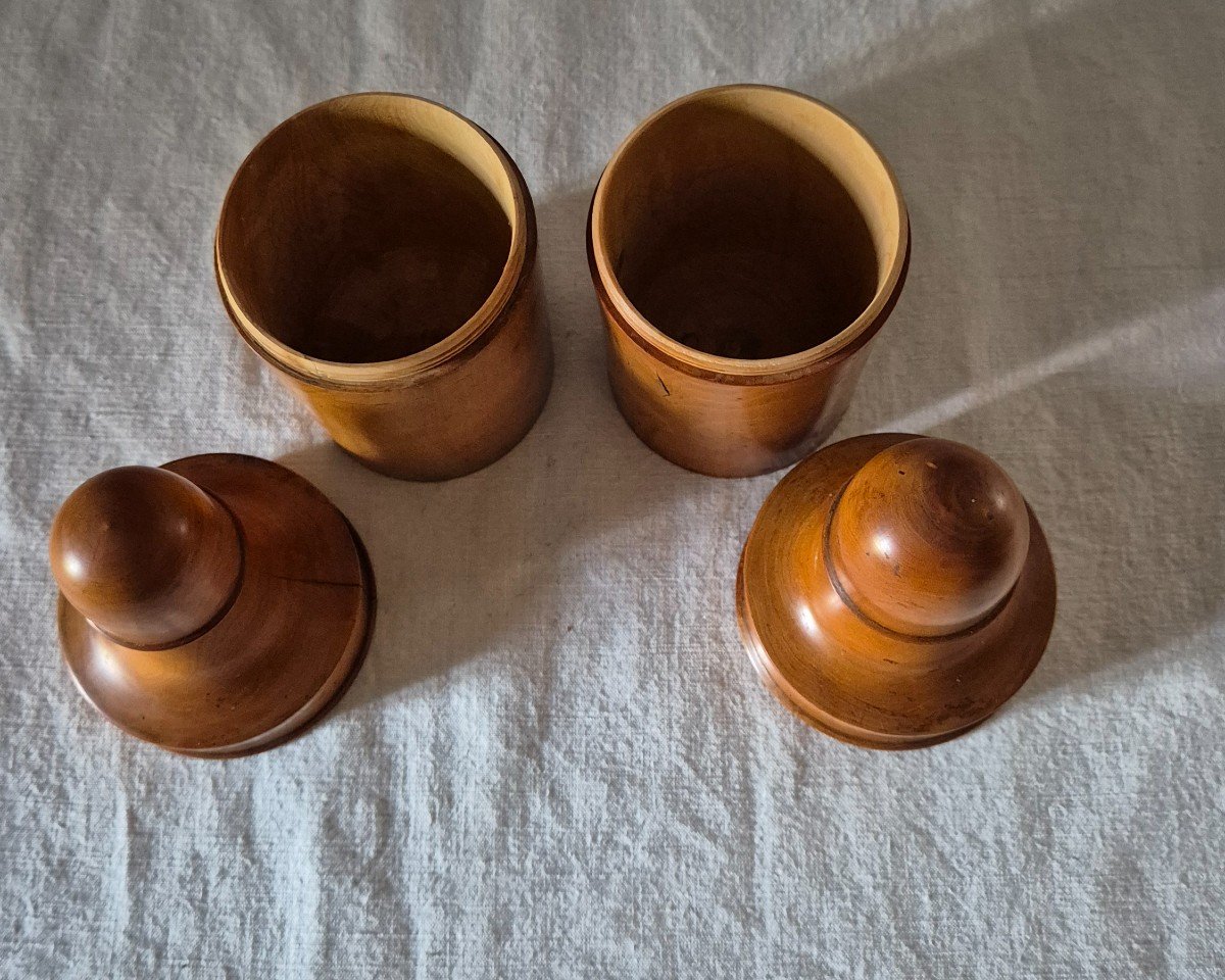 Set Of Two Turned Boxwood Bottle Containers, Beautifully Patinated By Time -photo-3