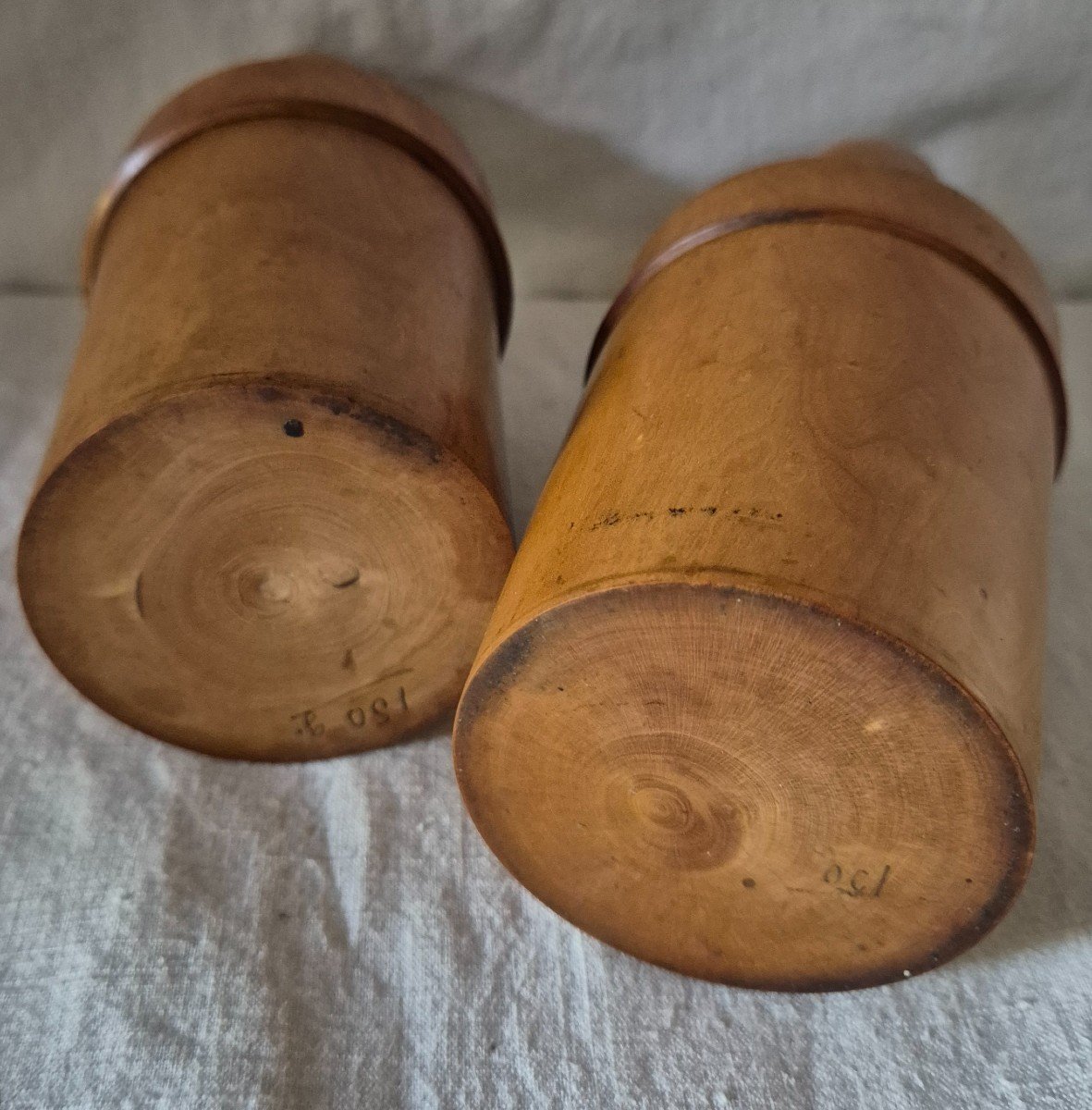 Set Of Two Turned Boxwood Bottle Containers, Beautifully Patinated By Time -photo-1