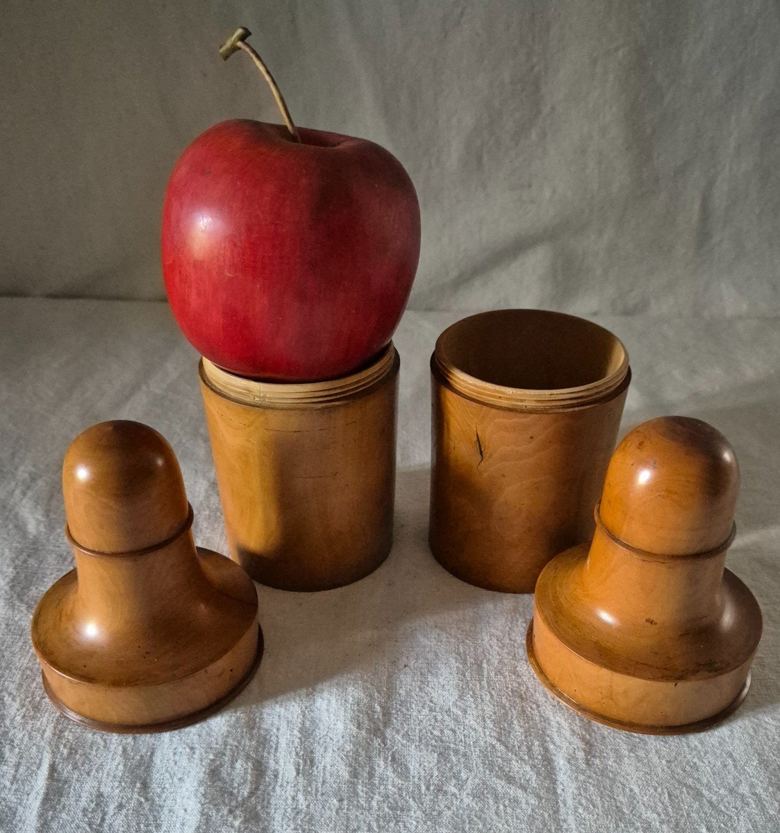 Set Of Two Turned Boxwood Bottle Containers, Beautifully Patinated By Time -photo-3