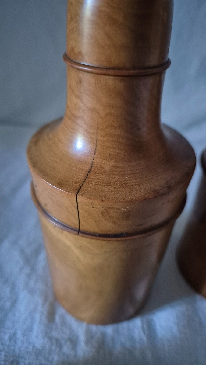 Set Of Two Turned Boxwood Bottle Containers, Beautifully Patinated By Time -photo-4