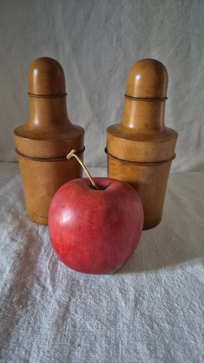 Set Of Two Turned Boxwood Bottle Containers, Beautifully Patinated By Time 