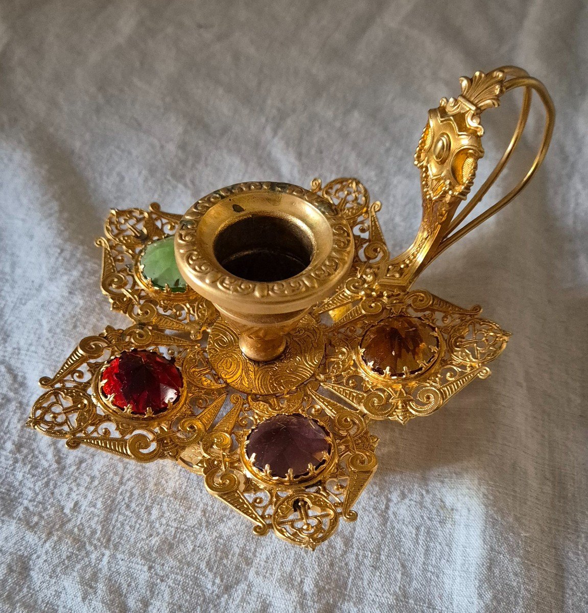 Church Candle Holder With Pomponne And Colored Stones 