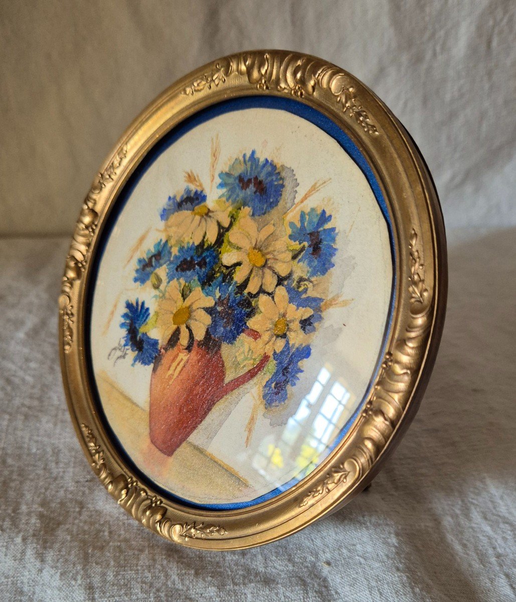 Watercolor Round Flower Arrangement In Its Louis XV Style Bronze Frame -photo-2