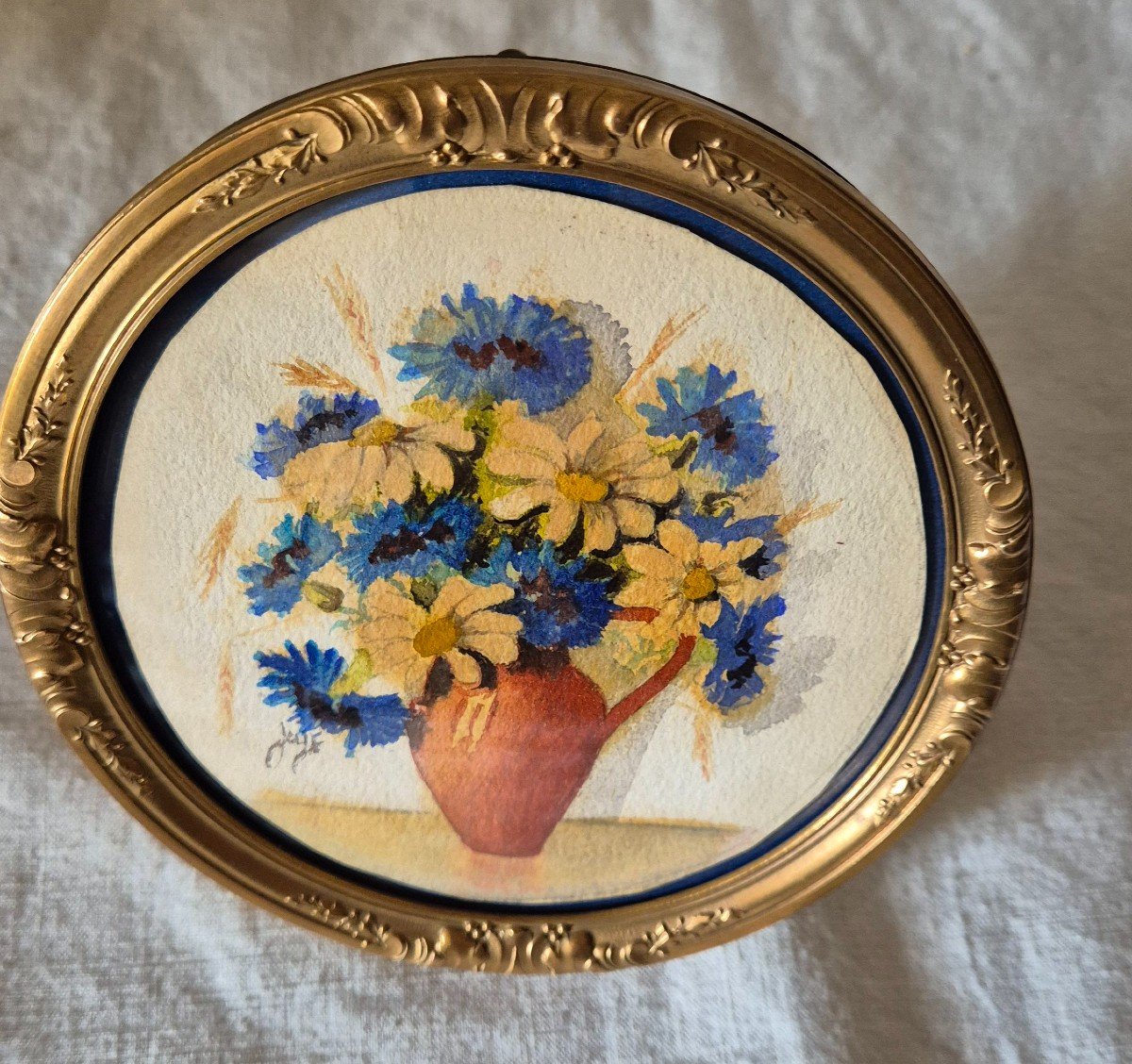 Watercolor Round Flower Arrangement In Its Louis XV Style Bronze Frame -photo-3