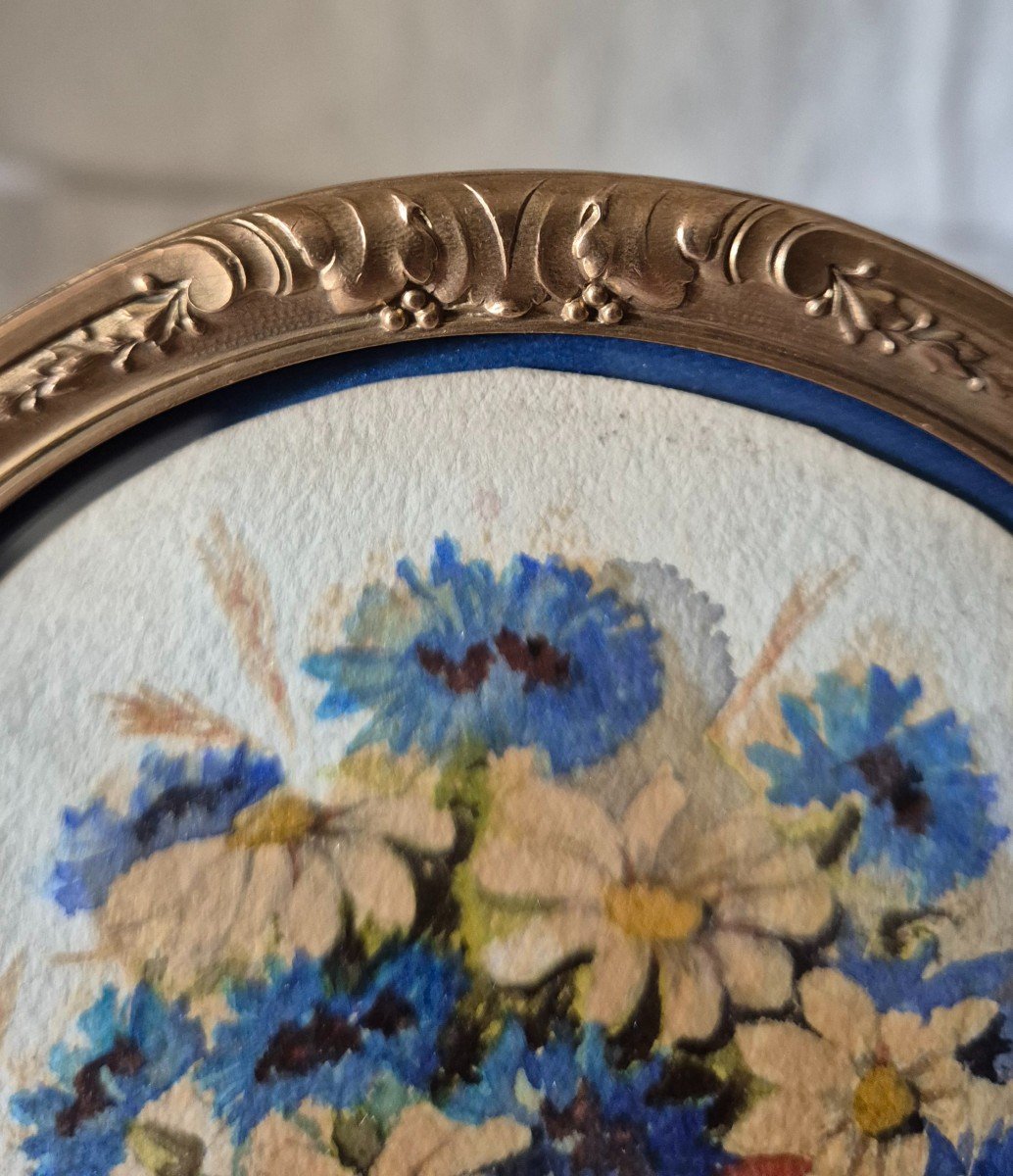 Watercolor Round Flower Arrangement In Its Louis XV Style Bronze Frame -photo-2