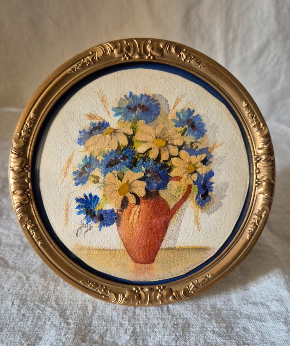 Watercolor Round Flower Arrangement In Its Louis XV Style Bronze Frame -photo-4