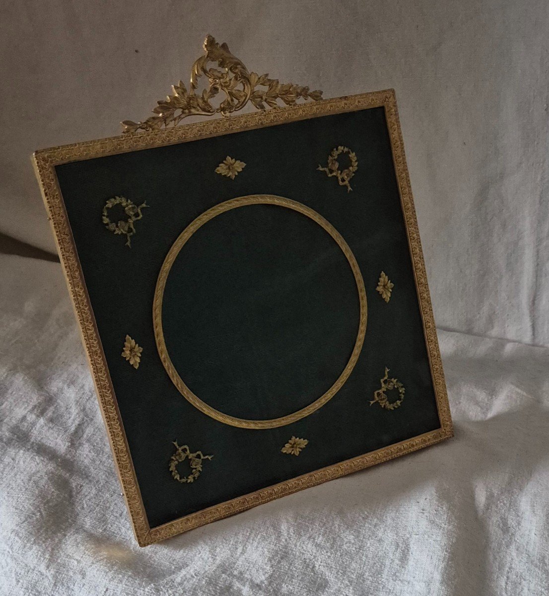 Second Empire Gilded Bronze Photo Frame With Applications On Marie-louise In Blue-green Moire -photo-2