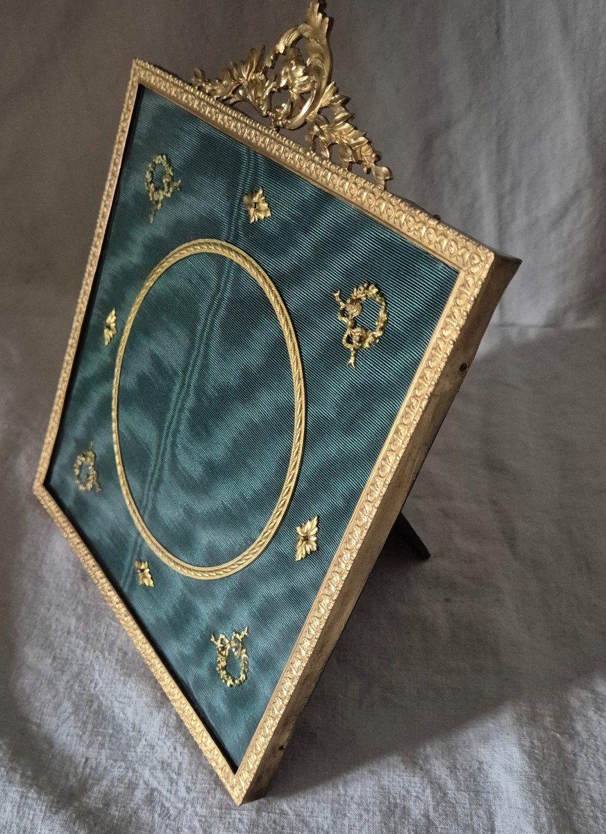 Second Empire Gilded Bronze Photo Frame With Applications On Marie-louise In Blue-green Moire -photo-2