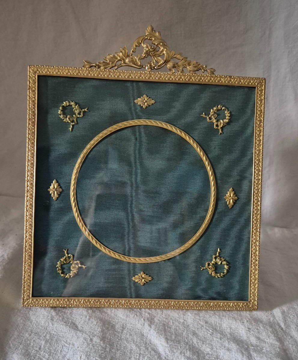 Second Empire Gilded Bronze Photo Frame With Applications On Marie-louise In Blue-green Moire 