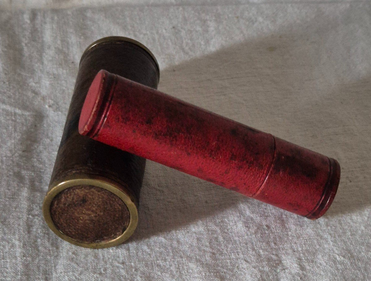 Two Louis d'Or Doors In Brass Covered In Leather, Red And Brown-photo-4