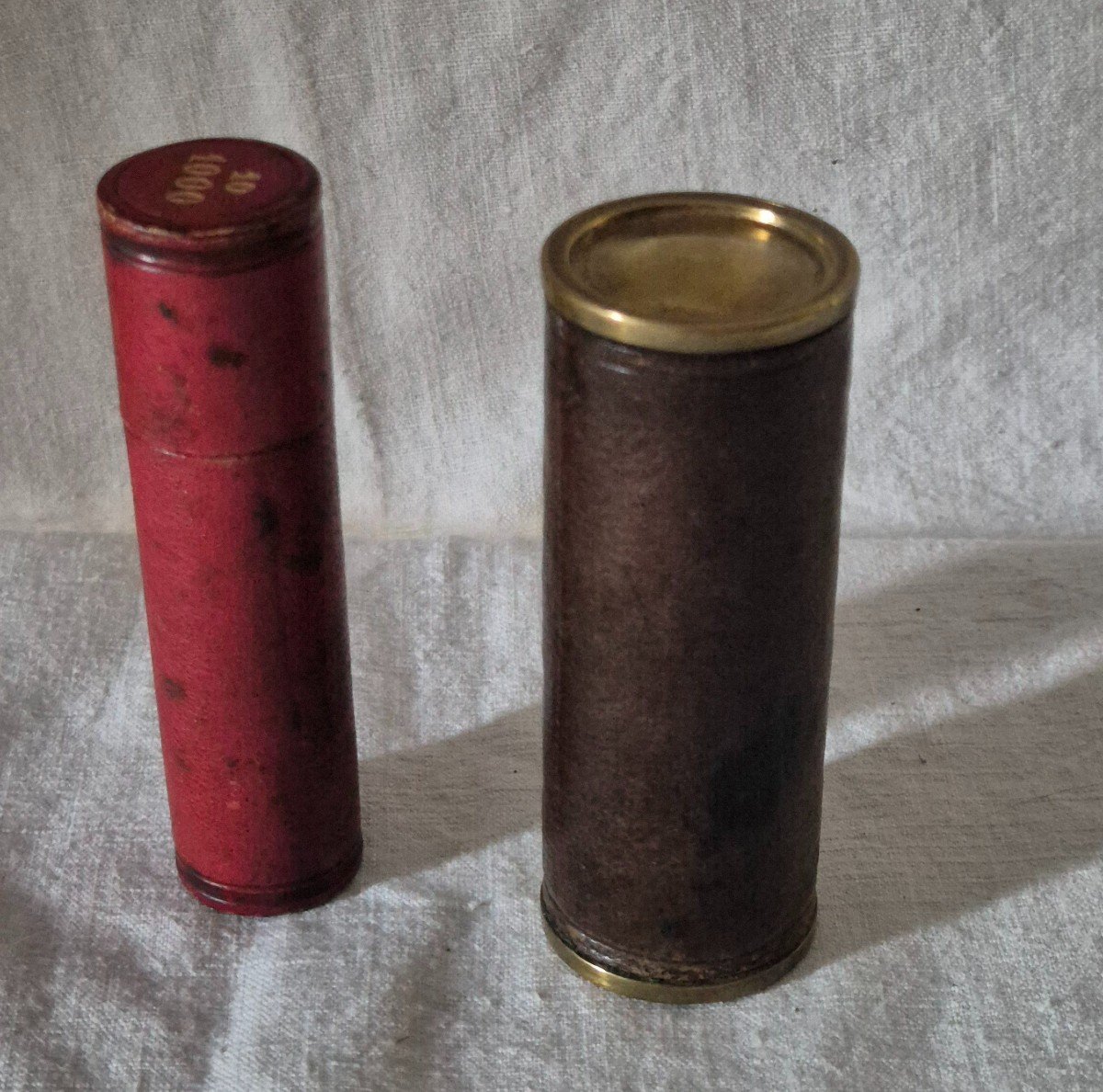 Two Louis d'Or Doors In Brass Covered In Leather, Red And Brown-photo-2