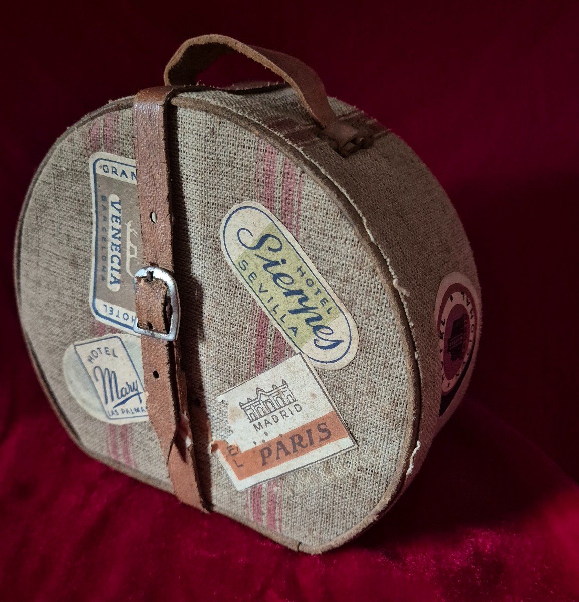 Doll Special: Miniature Suitcase In The Shape Of A Hat Box In Canvas And Leather From Spain -photo-2