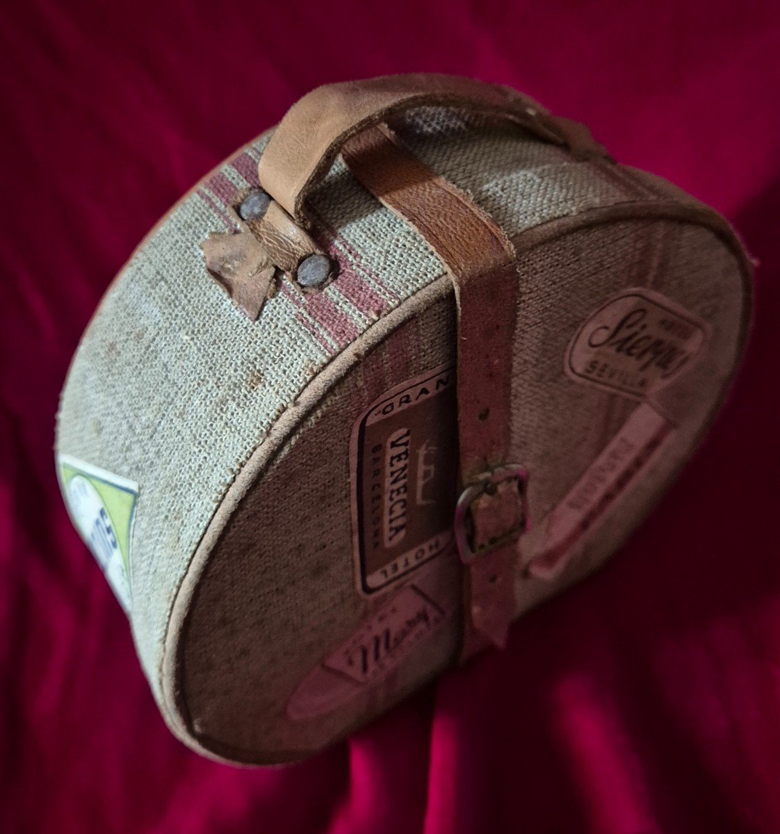 Doll Special: Miniature Suitcase In The Shape Of A Hat Box In Canvas And Leather From Spain -photo-4