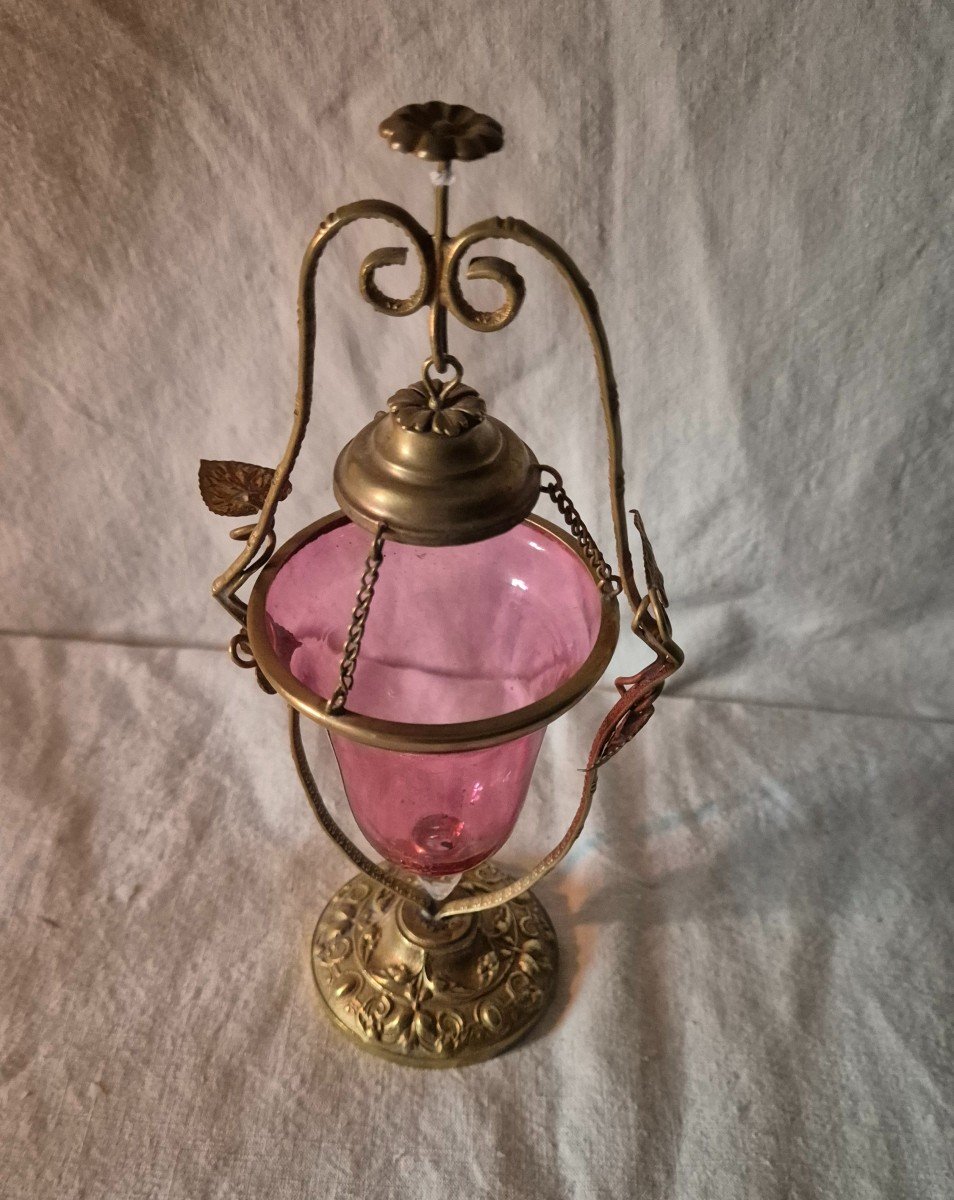 Lampe à Huile Veilleuse Suspendue En Verre Rouge Et Bronze Vers 1900-photo-2