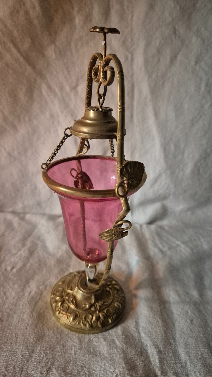 Lampe à Huile Veilleuse Suspendue En Verre Rouge Et Bronze Vers 1900-photo-3