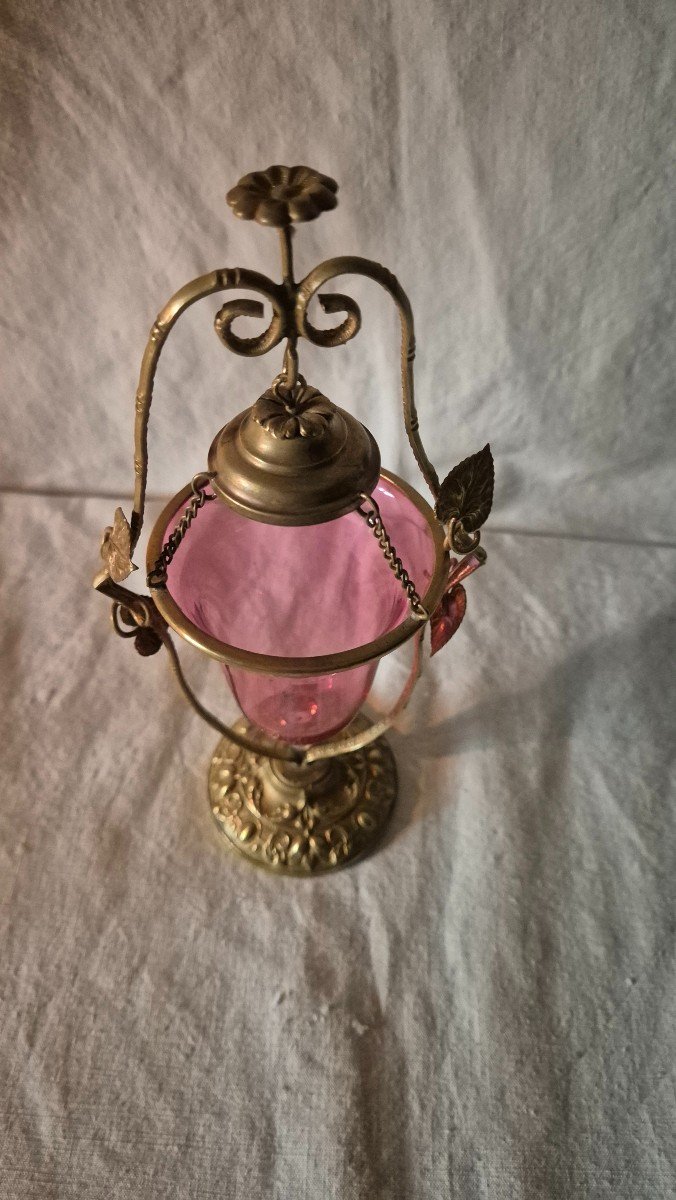 Lampe à Huile Veilleuse Suspendue En Verre Rouge Et Bronze Vers 1900-photo-4