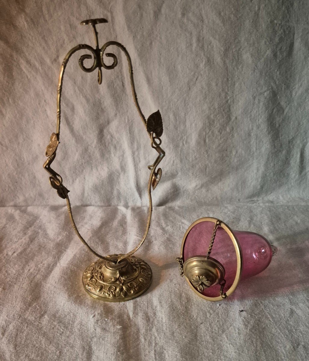 Lampe à Huile Veilleuse Suspendue En Verre Rouge Et Bronze Vers 1900-photo-2