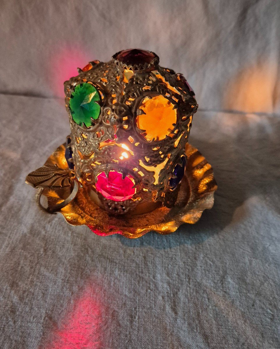 Hand-held Candle Night Light In Gold Pompom And Colored Stones -photo-2