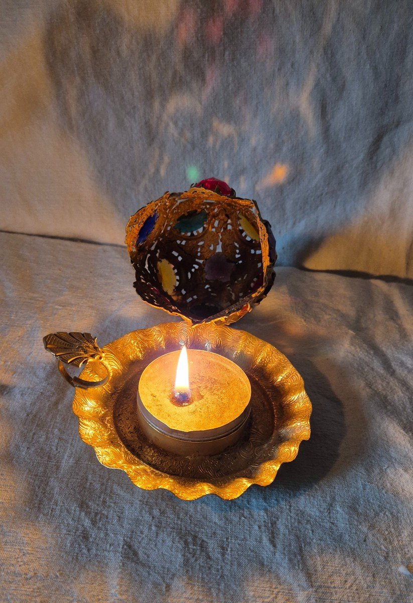 Hand-held Candle Night Light In Gold Pompom And Colored Stones -photo-4