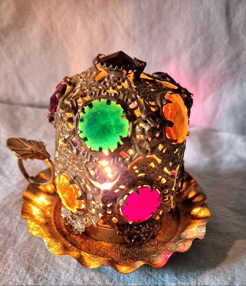 Hand-held Candle Night Light In Gold Pompom And Colored Stones -photo-3