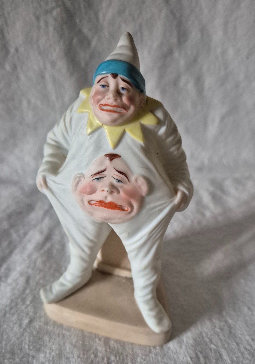 Funny Clown Figure In Polychrome Pyrogenic Biscuit Porcelain Match Holder 