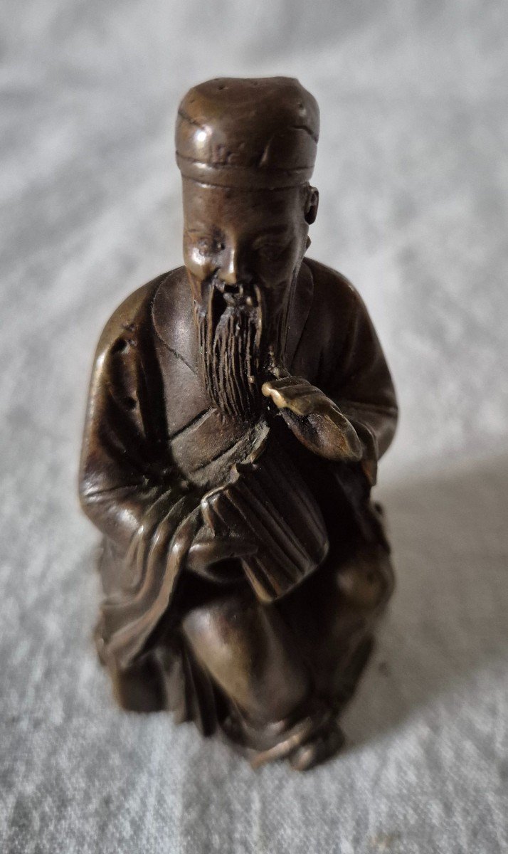 Lao Tzu Statuette, Chinese Sage Figure In Bronze With Medal Patina -photo-4