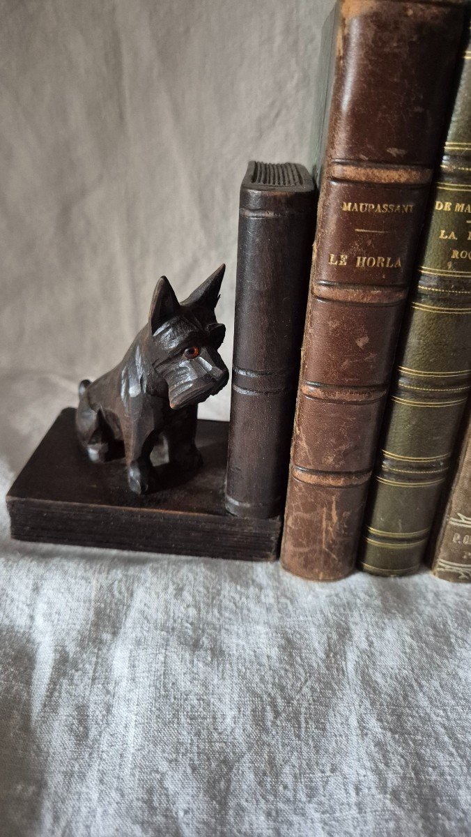 Carved Wooden Bookends Scottish Terrier Dogs With Glass Eyes -photo-1