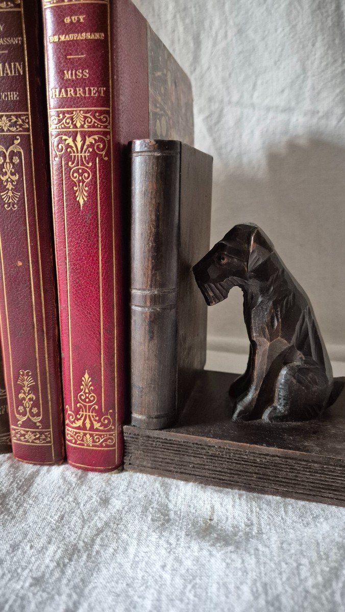 Carved Wooden Bookends Scottish Terrier Dogs With Glass Eyes -photo-2