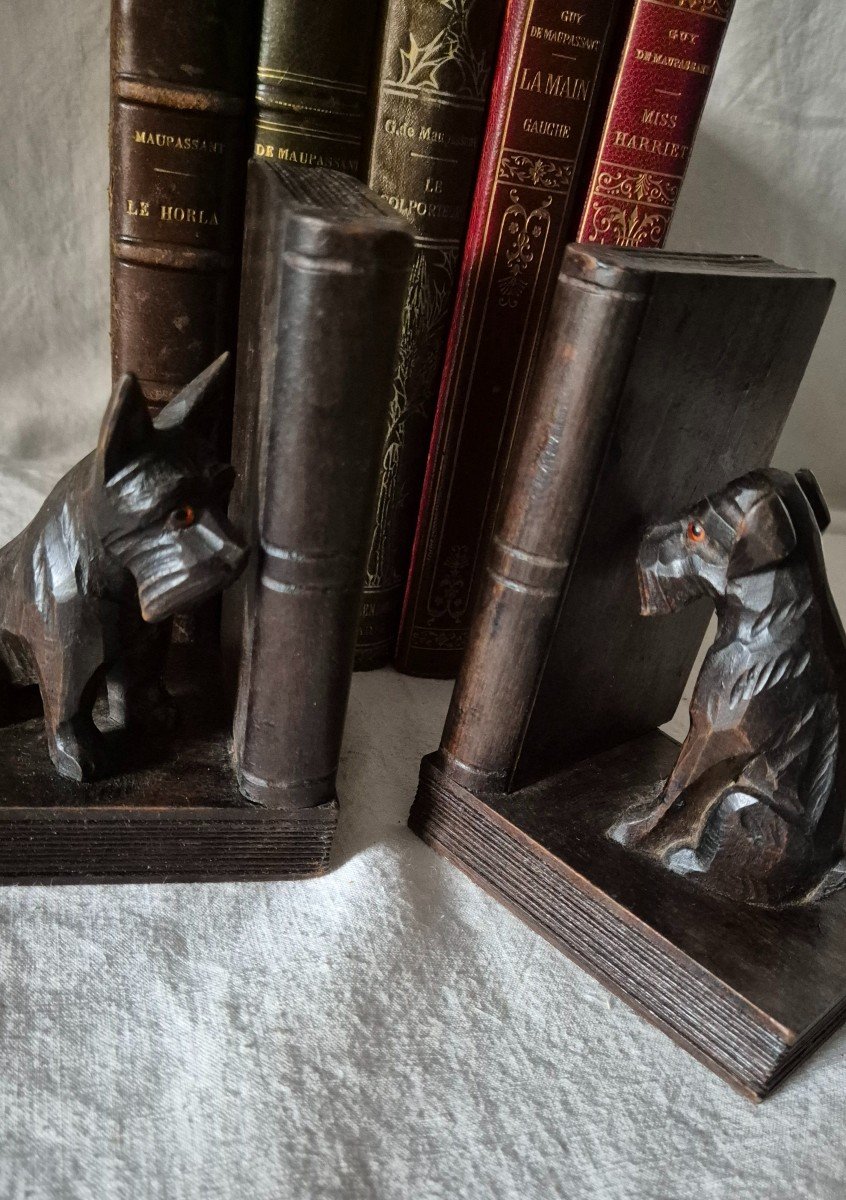 Carved Wooden Bookends Scottish Terrier Dogs With Glass Eyes -photo-3