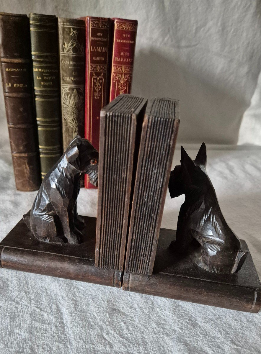 Carved Wooden Bookends Scottish Terrier Dogs With Glass Eyes -photo-4