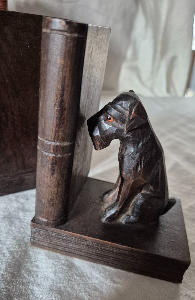 Carved Wooden Bookends Scottish Terrier Dogs With Glass Eyes -photo-5