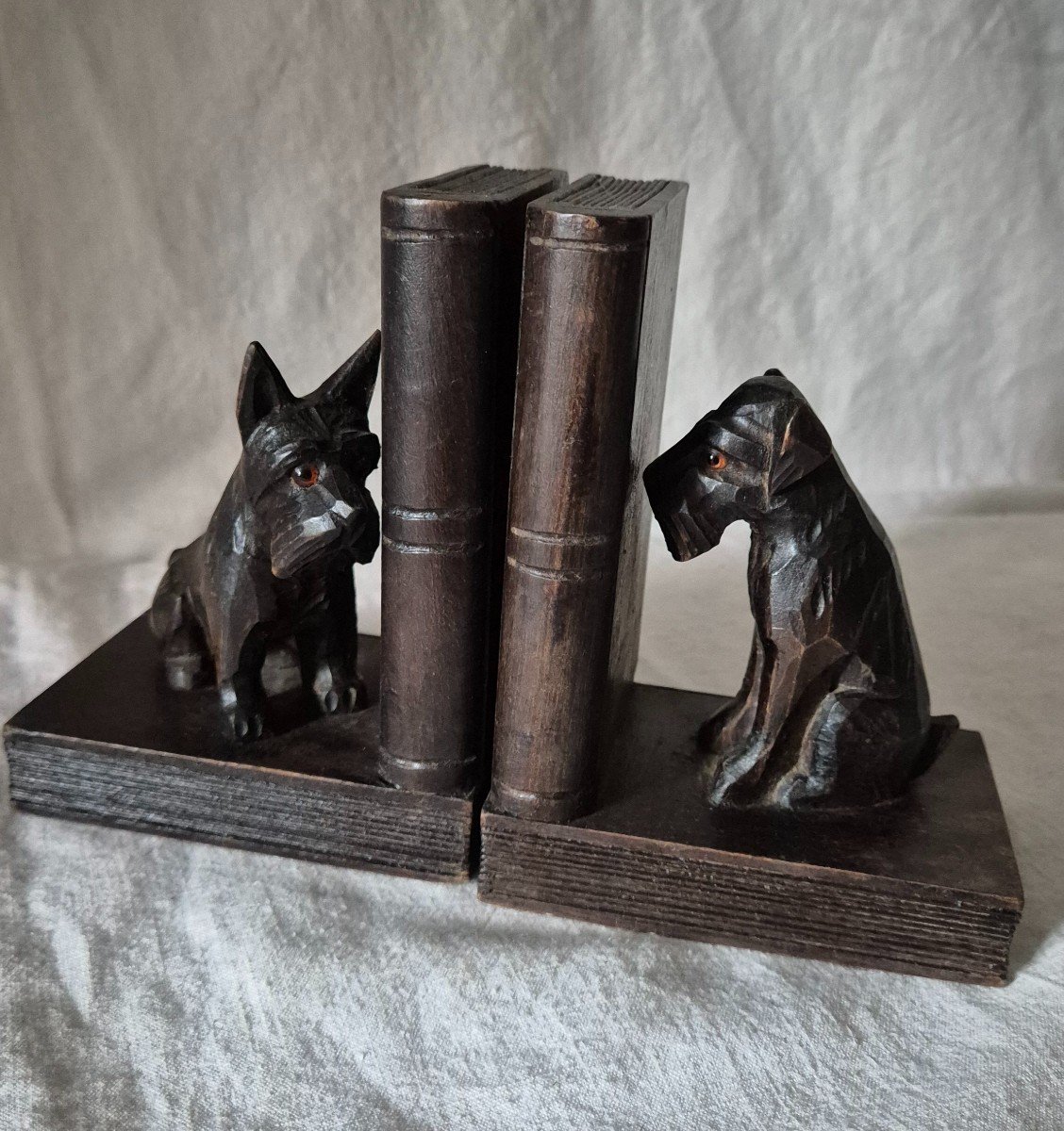 Carved Wooden Bookends Scottish Terrier Dogs With Glass Eyes -photo-6