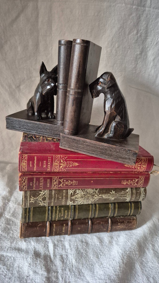 Carved Wooden Bookends Scottish Terrier Dogs With Glass Eyes -photo-7