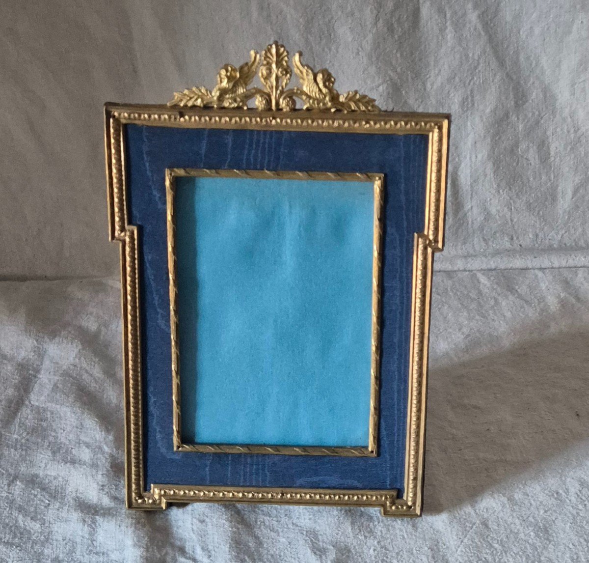 Empire Style Photo Frame,  Late 19th Century, Gilt Bronze And Blue Moire Mat-photo-2