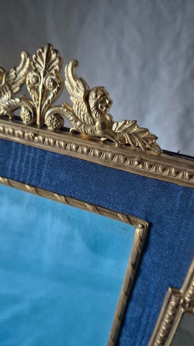 Empire Style Photo Frame,  Late 19th Century, Gilt Bronze And Blue Moire Mat-photo-3