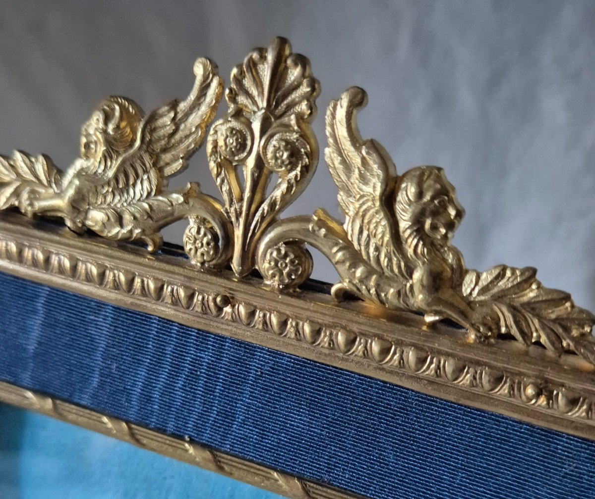 Empire Style Photo Frame,  Late 19th Century, Gilt Bronze And Blue Moire Mat-photo-4