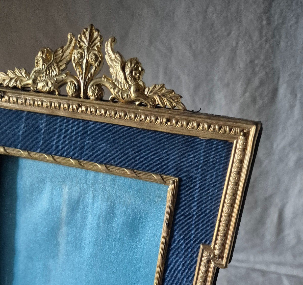 Empire Style Photo Frame,  Late 19th Century, Gilt Bronze And Blue Moire Mat-photo-1