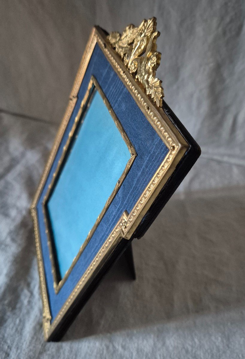 Empire Style Photo Frame,  Late 19th Century, Gilt Bronze And Blue Moire Mat-photo-3