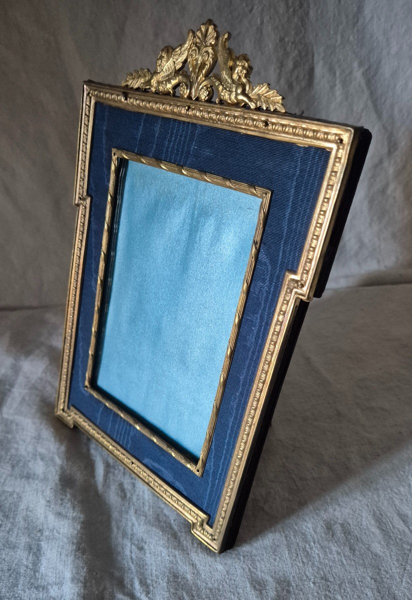 Empire Style Photo Frame,  Late 19th Century, Gilt Bronze And Blue Moire Mat