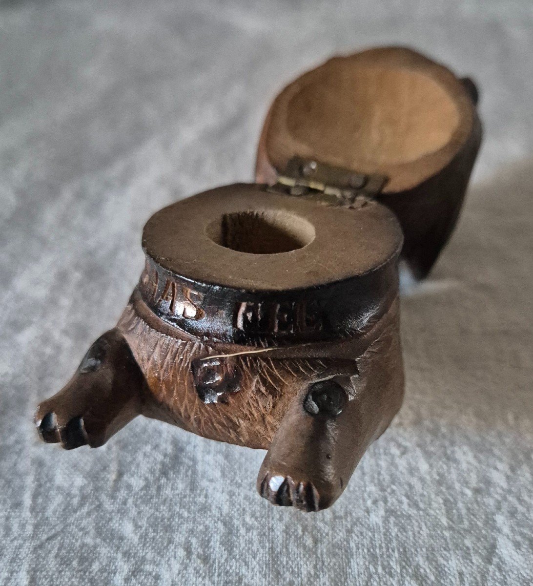 Boxer Style Dog Inkwell In Carved Elm Souvenir From Saas Fee-photo-1