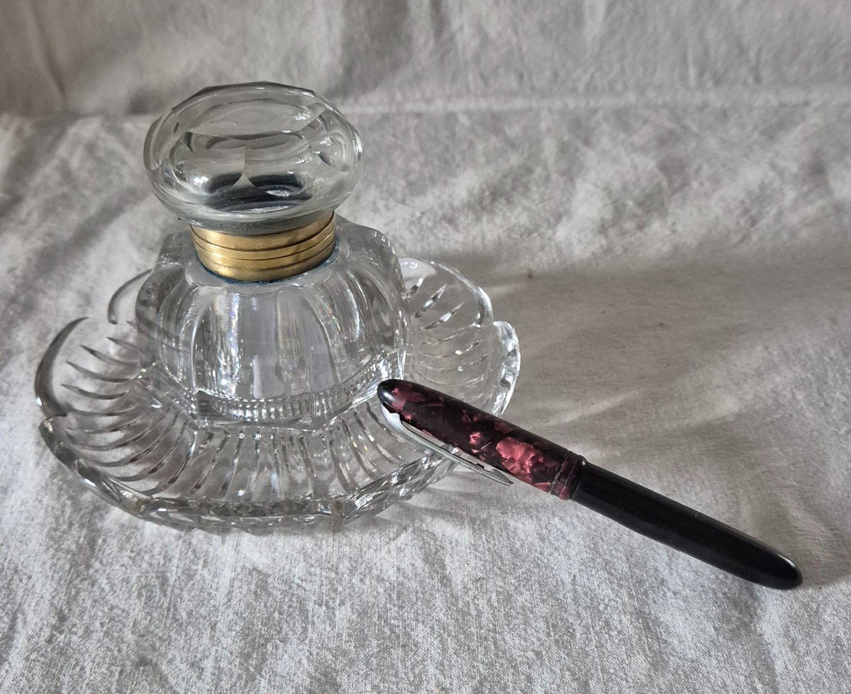 Baccarat Cut Clear Crystal Inkwell Round With Raised Rim Scalloped Shape -photo-6