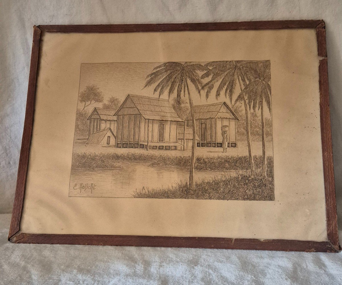 Two Animated Ink Wash Drawings Madagascar Signed E Robert Early 20th Century -photo-2