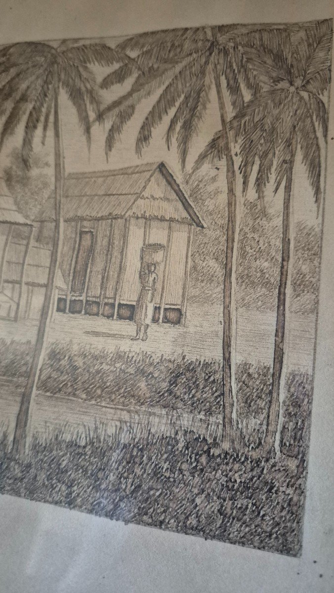 Two Animated Ink Wash Drawings Madagascar Signed E Robert Early 20th Century -photo-2