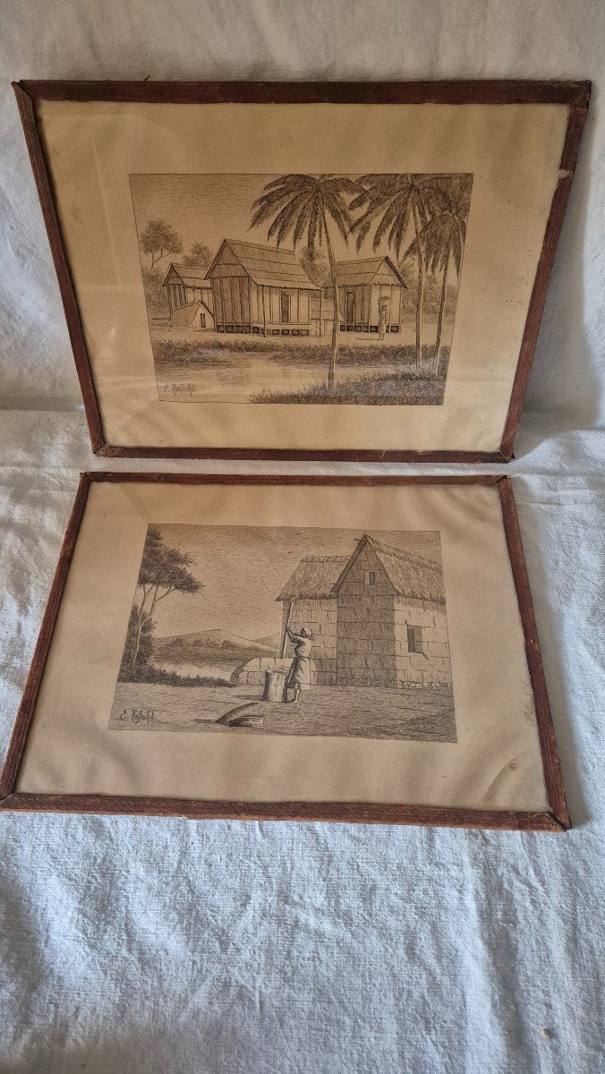 Two Animated Ink Wash Drawings Madagascar Signed E Robert Early 20th Century -photo-5