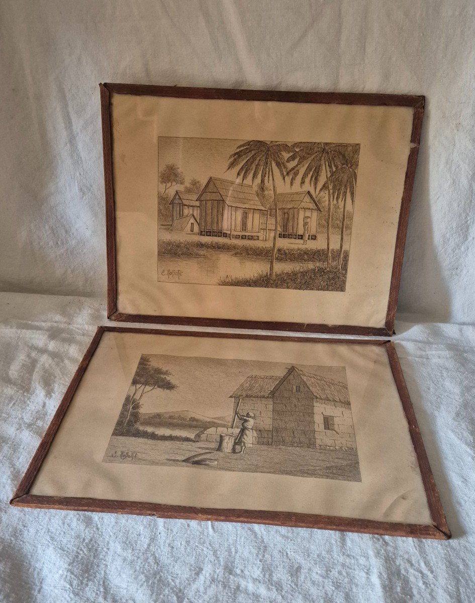 Two Animated Ink Wash Drawings Madagascar Signed E Robert Early 20th Century -photo-6