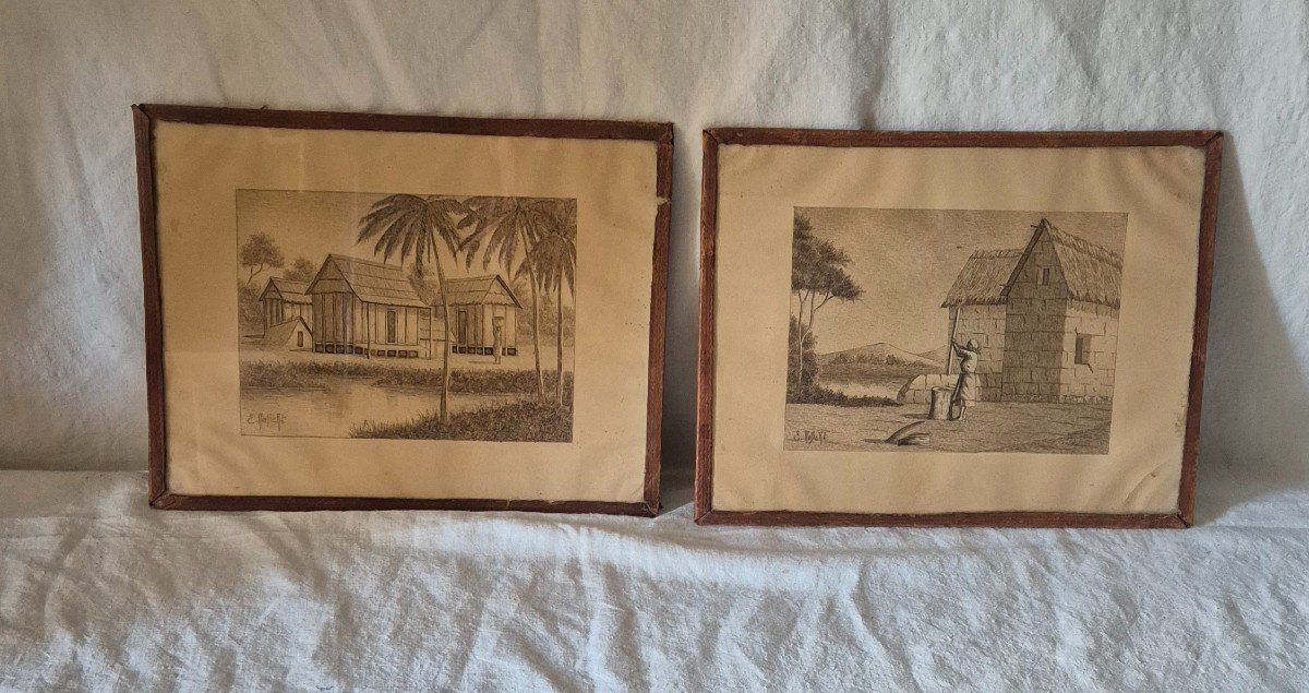 Two Animated Ink Wash Drawings Madagascar Signed E Robert Early 20th Century 